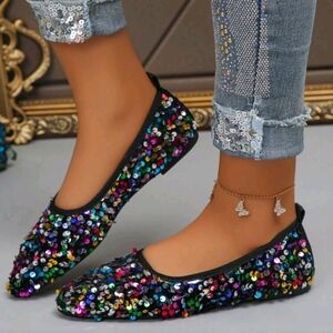 Rainbow Multicolor Sequin Pointed Toe Flat Shoes Size 8
